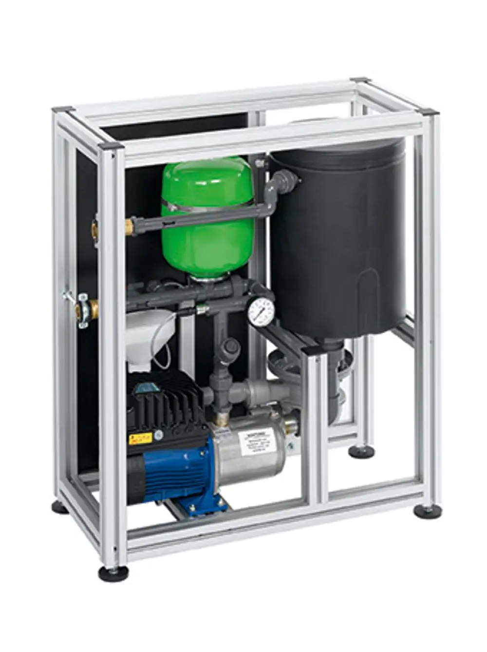 Systemtrennanlage von Grünbeck, bestehend aus einem Pumpensystem, einem Druckbehälter und Rohren in einem stabilen Rahmen für die Wasseraufbereitung.